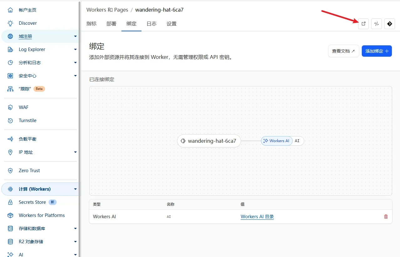 访问部署好的Worker应用的按钮位置